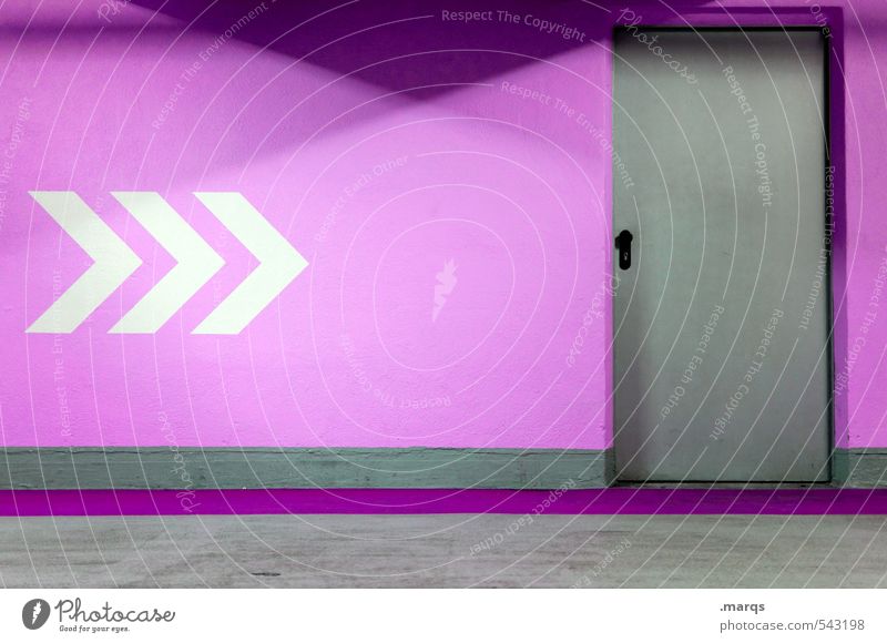 Ausweg Stil Design Innenarchitektur Mauer Wand Tür Zeichen Schilder & Markierungen Linie Pfeil trendy grau violett weiß Farbe Wege & Pfade Ziel Notausgang