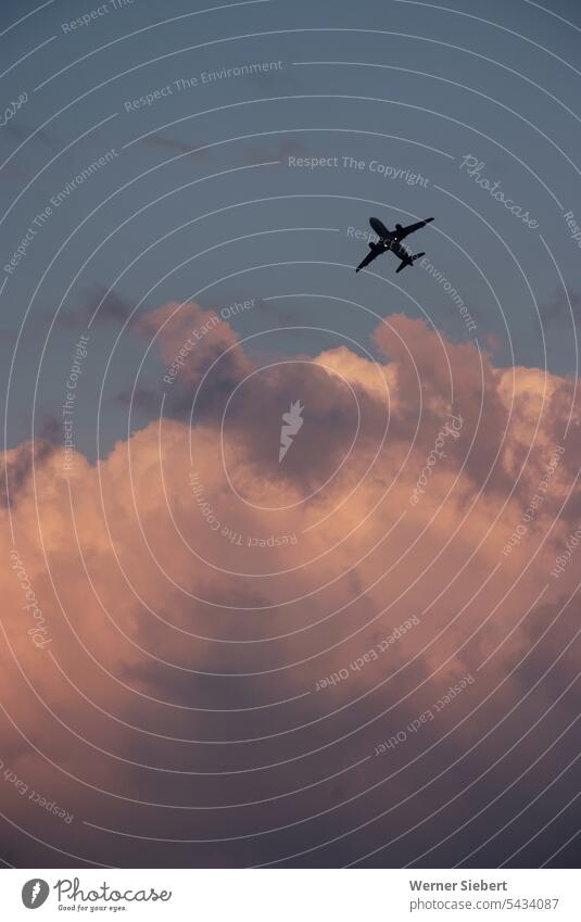 Düsenjet vor Wolken Abendstimmung Flugzeug Verkehrsmaschine Start Dämmerung Silhouette Abflug Fernweh Flugreise