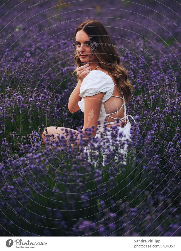 Mädchen sitzend im Lavendelfeld Lavendelshooting Porträit lila Natur Lifestyle violett Blüte Duft Sommer Blume Pflanze Lavendelduft sommerlich Sommergefühl