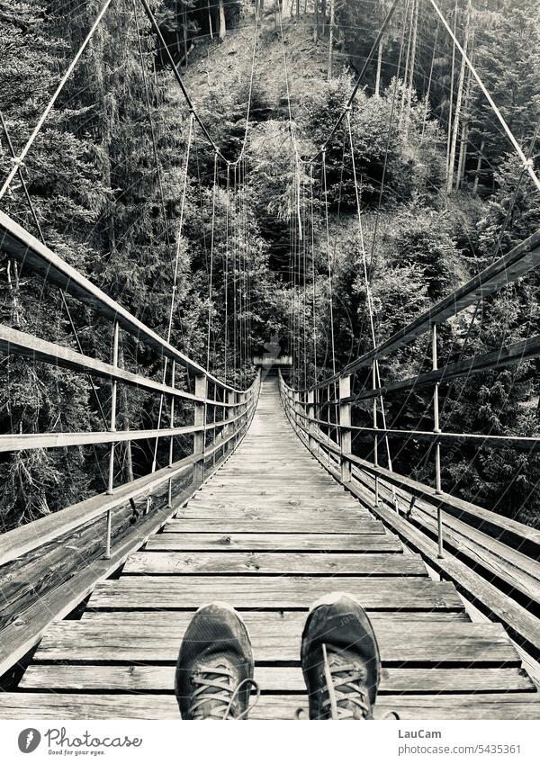 Abenteuer Hängebrücke Brücke Füße Stufen schwindelfrei Wald Höhe wandern Natur Ferien & Urlaub & Reisen Bäume Schwarzweißfoto Höhenangst Ausflug hängen abhängen