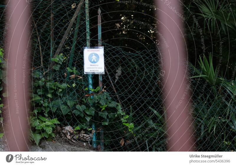 Ein italienisches Verbotsschild Kein Zutritt Privatgrundstück Stoppschild Fussgänger Italien Attenzione Zaun Grüne Pflanzen