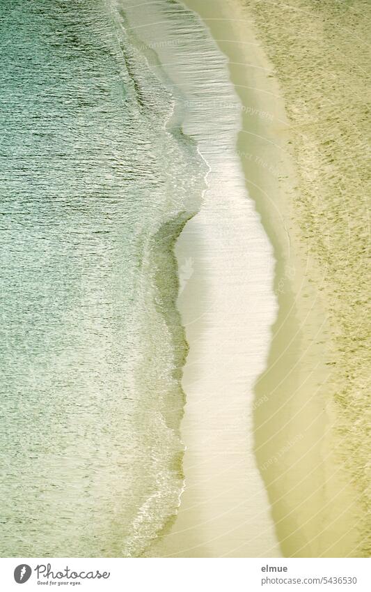 Uferzone eines hellen Sandstrandes aus der Vogelsperspektive Wasser Meer Mittelmeer Spülsaum Elba Blog Wasserrandstreifen weißer Sand Sommer Saisonende Tapsen
