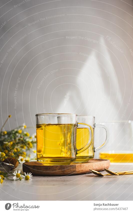 Zwei Gläser Kamillentee auf einem Tisch kamillentee Kamillenblüten Trinkglas Kräutertee Tee #heißge Farbfoto Getränk Alternativmedizin Heißgetränk Design