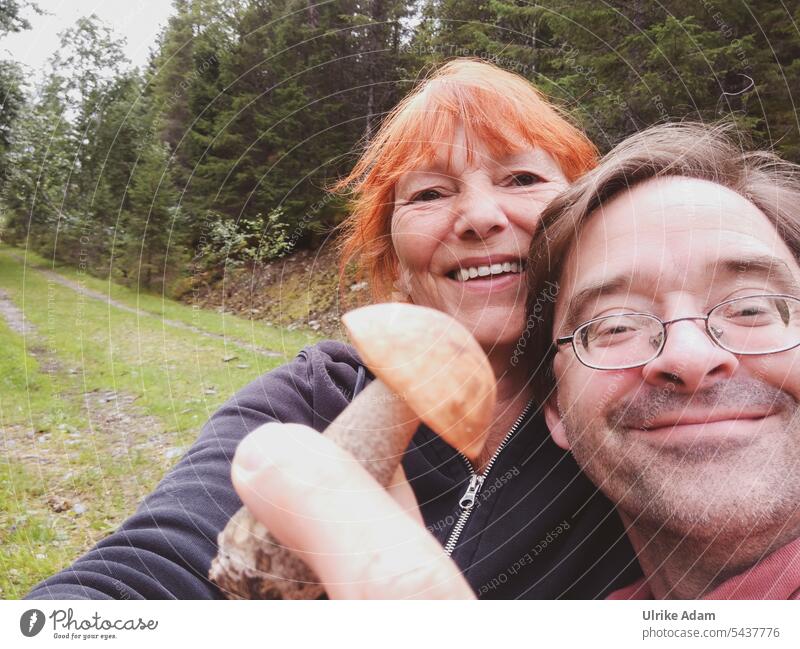 Pilzsaison ist eröffnet|Paar hält Birkenpilz in der Hand Mann Frau Pilze sammeln Herbst Speisepilz Wald Selbstversorger Norwegen essbar Röhrling Birkenröhrling