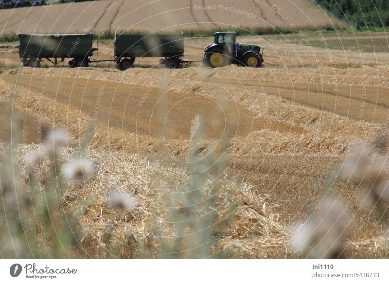Kornernte Natur Landschaft Landwirtschaft Felder Erntezeit Kornfelder Getreide abmähen gemäht geerntet Stroh Stroh lose Stroh in Reihen Traktor Trecker Anhänger