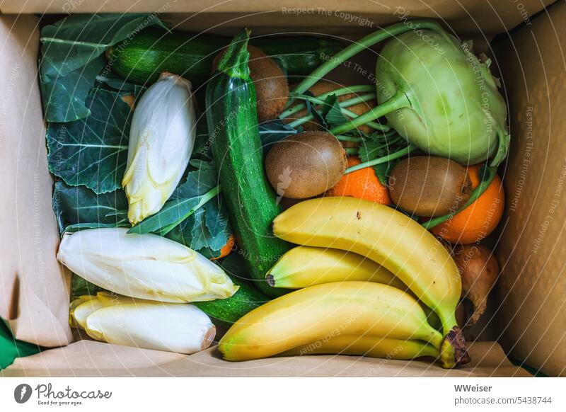 Eine Kiste voll Obst und Gemüse, frisch, natürlich und appetitlich Box Karton Lieferung Lieferdienst Bananen Kohlrabi Chicoree Zucchini Kiwi Orangen regional