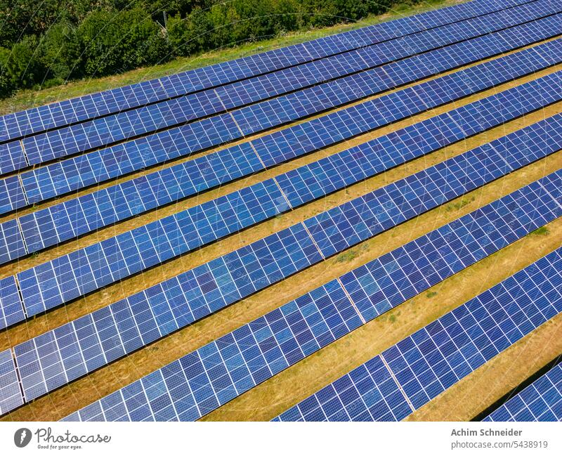 Luftaufnahme einer Freiflächen Photovoltaik-Anlage mit vielen Solarmodulen bei Sonnenschein Solarkraftwerk Reihen Module ländlich landwirtschaftlich Feld