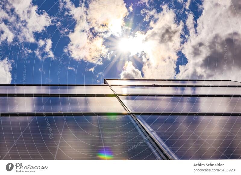 Eine Photovoltaikanlage auf einem von Sonne und Wolken beleuchteten Dach Pflanze Rücklicht Sonnenkollektoren Fotovoltaikanlage eigenes Dach Sonnenstern