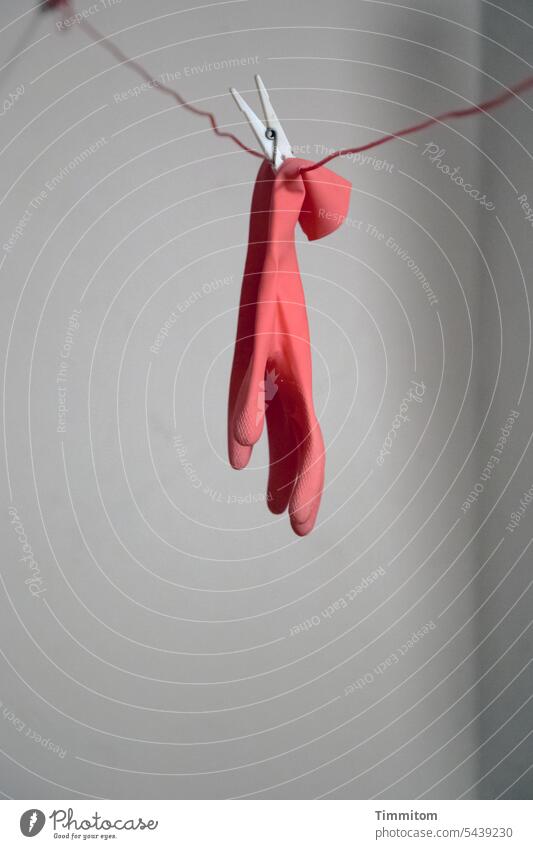 Nach getaner Arbeit: abhängen, einfach abhängen Handschuh Gummihandschuhe 1 Schutz Wäscheleine trocknen Wäscheklammer Farbfoto trist Kellerraum aufhängen