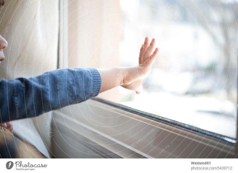 Hand eines kleinen Jungen berührt Fensterscheibe Europäer Kaukasier Europäisch kaukasisch Fensterscheiben eine Person single 1 ein Mensch einzelne Person Ein