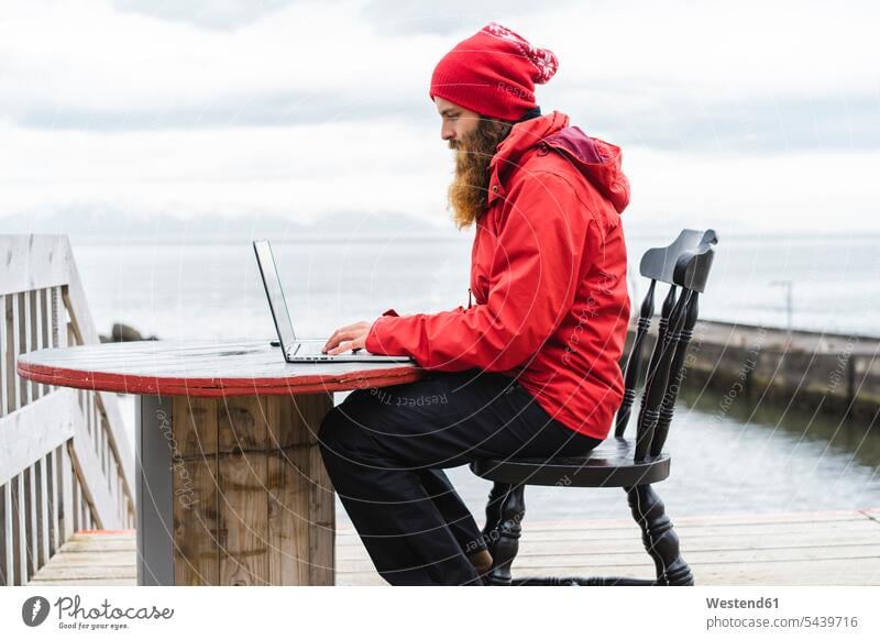 Island, nördlich von Island, Mann sitzt mit Laptop vor dem Meer Notebook Laptops Notebooks Männer männlich Meere sitzen sitzend benutzen benützen Computer