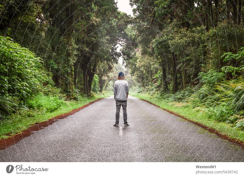Neuseeland, Südinsel, Jackson Bay, Haast Jackson Bay Road, junger Mann steht auf der Straße Tourist Touristen Der Weg nach vorne Ruhe Beschaulichkeit ruhig