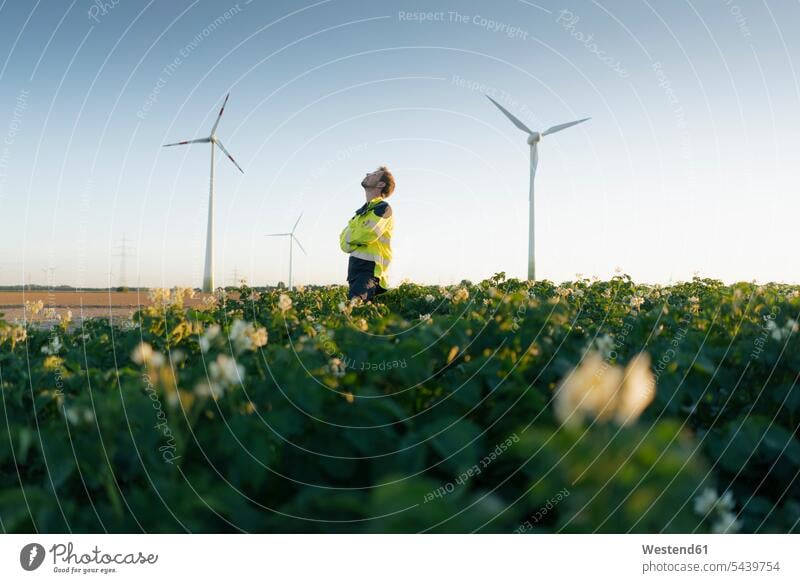 Ingenieur steht in einem Feld bei einem Windpark Felder stehen stehend Ingenieure Windenergieanlage WEA WEAs Windkraftwerk Windenergieanlagen Windkraftwerke