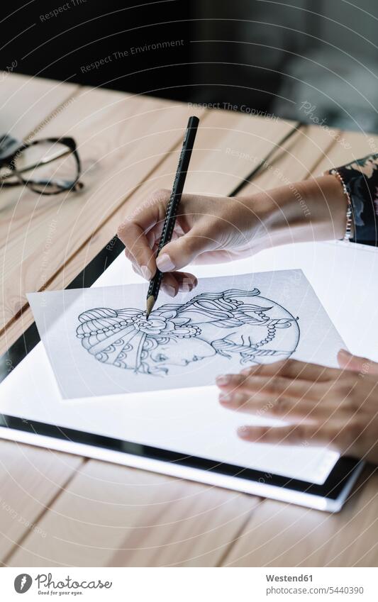 Handzeichenvorlage einer Frau auf Leuchttisch weiblich Frauen Vorlage Entwurf Entwürfe Vorlagen Hände zeichnen Zeichnung Erwachsener erwachsen Mensch Menschen