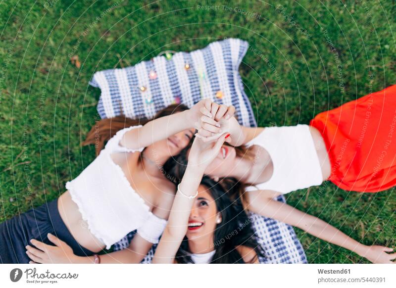 Freunde in einem Park liegend auf einer Decke und heben ihre Arme liegt entspannt entspanntheit relaxt Parkanlagen Parks Freundinnen Entspannung relaxen