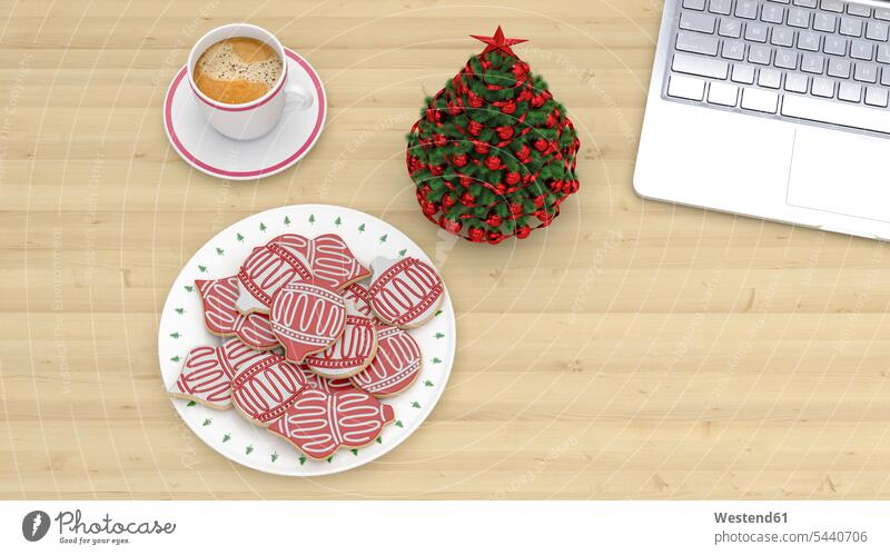 Weihnachtsdekoration im Büro, Tasse Kaffee und Kekse per Laptop auf dem Schreibtisch Idee Ideen Eingebung genießen geniessen Genuss Pause Pause machen Office