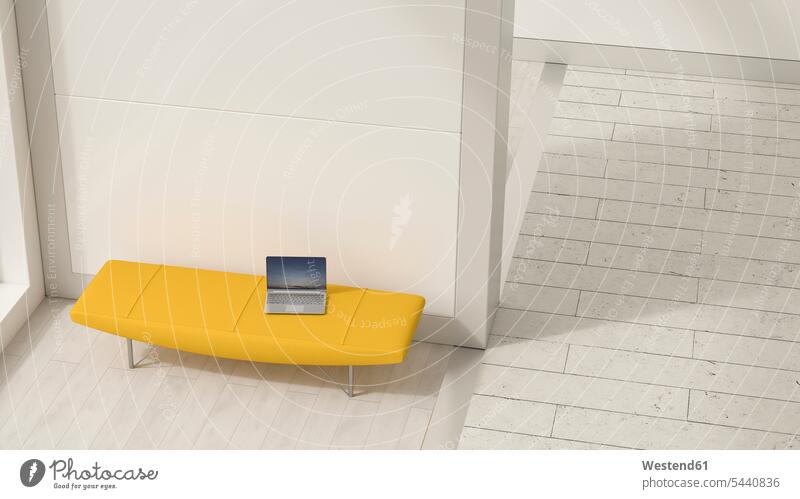 Laptop auf gelbem Liegestuhl, 3D-Rendering minimalistisch Designereinrichtung Designer-Einrichtung wohnen Technologie Technologien Technik Abwesenheit