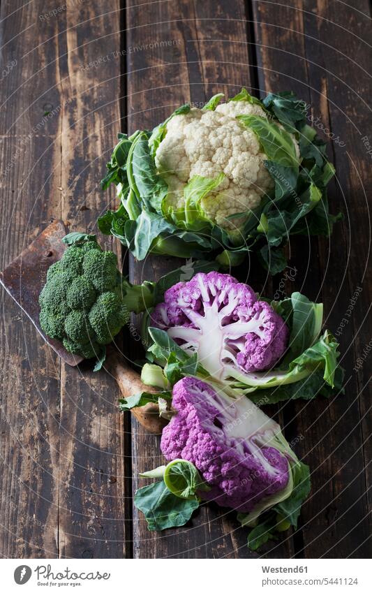 Violetter und weißer Blumenkohl und Brokkoli auf dunklem Holz Food and Drink Lebensmittel Essen und Trinken Nahrungsmittel Vielfalt Vielfältigkeit