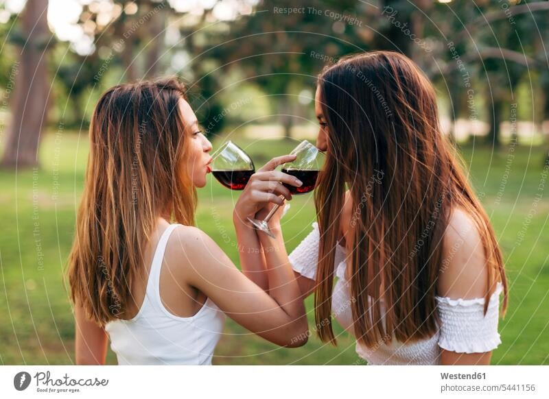 Zwei Frauen in einem Park, die von Angesicht zu Angesicht Rotwein trinken Parkanlagen Parks halten Rotweine Freundinnen Wein Weine Alkohol