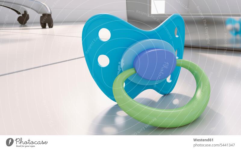 Schnuller auf dem Büroboden liegend, 3D-Darstellung Bildsynthese 3D-Rendering 3D Rendering Vereinbarkeit Business Geschäftsleben Geschäftswelt geschäftlich