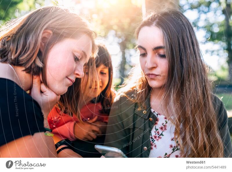 Drei Mädchen benutzen ein Smartphone im Freien weiblich Schwester Schwestern Handy Mobiltelefon Handies Handys Mobiltelefone Teilen Sharing Kind Kinder Kids
