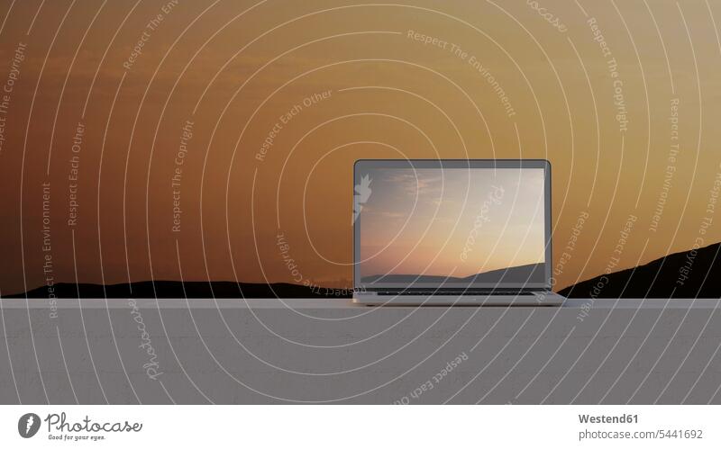 Laptop an der Wand bei Sonnenuntergang, 3D-Rendering Abendstimmung digitaler Nomade digitale Nomaden Sonnenuntergänge Natur Entspannung relaxen entspannen