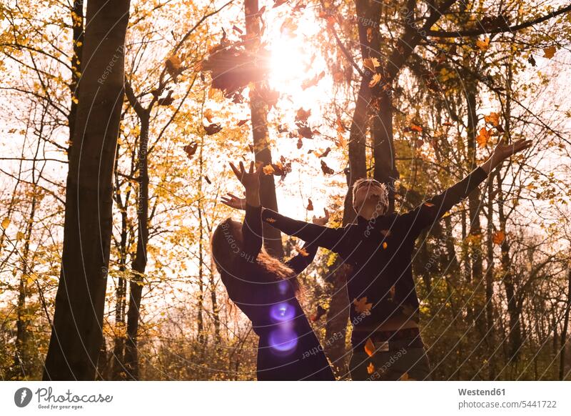 Glückliches Paar im Herbst im Wald, das Blätter in die Luft wirft glücklich glücklich sein glücklichsein Forst Wälder werfen Wurf Blatt Blaetter Pärchen Paare