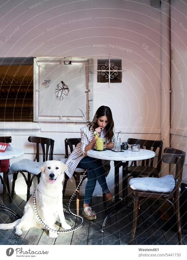 Junge Frau sitzt mit ihrem Hund in einem Café und trinkt einen Smoothie Hunde Cafe Kaffeehaus Bistro Cafes Kaffeehäuser weiblich Frauen trinken sitzen sitzend
