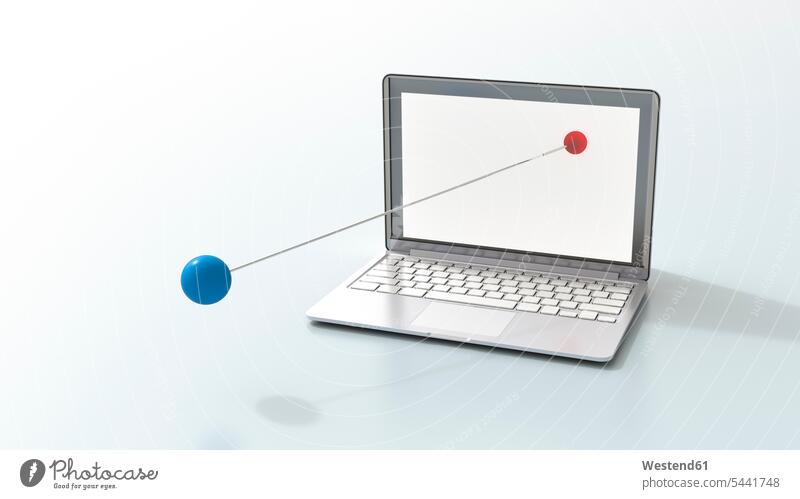 Laptop und zwei verbundene Bälle, 3D-Rendering rot rote roter rotes Symbolbild Symbolik Kontakt Erreichbarkeit verfügbar Verfügbarkeit erreichbar Verfuegbarkeit
