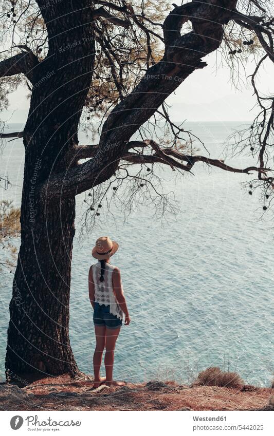 Griechenland, Chalkidiki, junge Frau, die auf das Meer schaut Meere Küste Küstenlandschaft stehen stehend steht weiblich Frauen Gewässer Wasser Landschaft