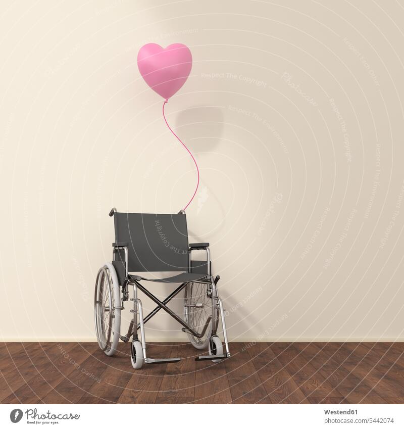 Rollstuhl und rosa Ballon in einem Wartezimmer, 3D-Rendering Fürsorge kümmern fürsorglich Pflege Krankenhaus Hospitale Krankenhäuser Krankenhaeuser Liebe lieben