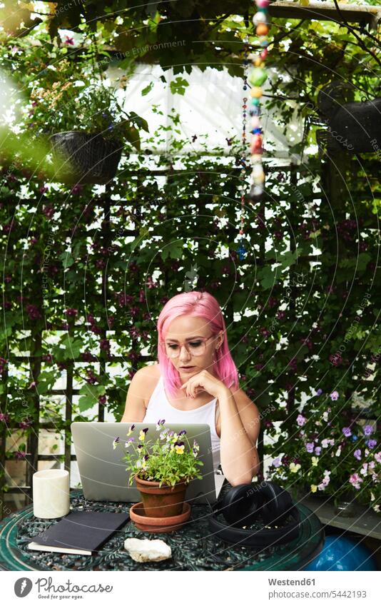 Junge Frau mit rosa Haaren benutzt Laptop im gemütlichen Garten weiblich Frauen Gärten Gaerten Notebook Laptops Notebooks Erwachsener erwachsen Mensch Menschen