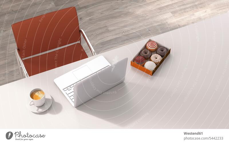 Kaffeepause im Büro, Tasse Kaffee und Donuts per Laptop auf dem Schreibtisch Notebook Laptops Notebooks Erreichbarkeit verfügbar Verfügbarkeit erreichbar