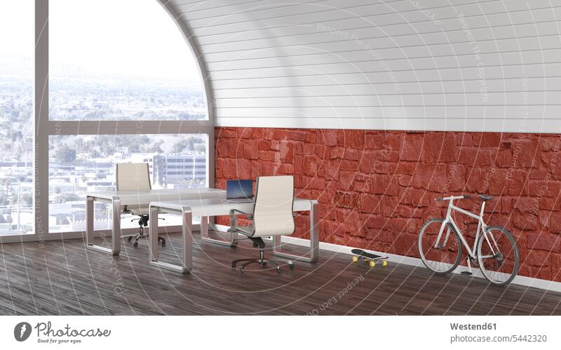 Zwei Schreibtische, Rennrad und Skateboard in einem Loft, 3D-Rendering Arbeitsbereich Arbeitsraeume Arbeitsraum Arbeitsräume Arbeitsplatz Komfort