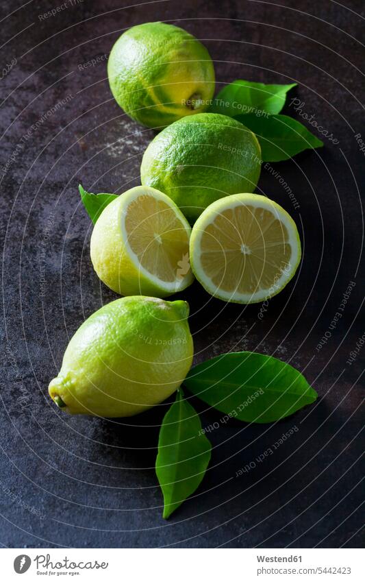 Grüne Bio-Zitronen auf dunklem Hintergrund Draufsicht Vogelperspektive von oben Aufsicht Biologische Lebensmittel Bio-Lebensmittel Blatt Blaetter Blätter grün