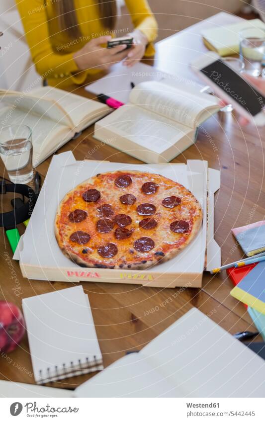 Junge Frau zu Hause beim Lernen und Pizzaessen Pizzen Studentin Studentinnen Hochschülerin Hochschülerinnen Hochschuelerinnen Zuhause daheim weiblich Frauen