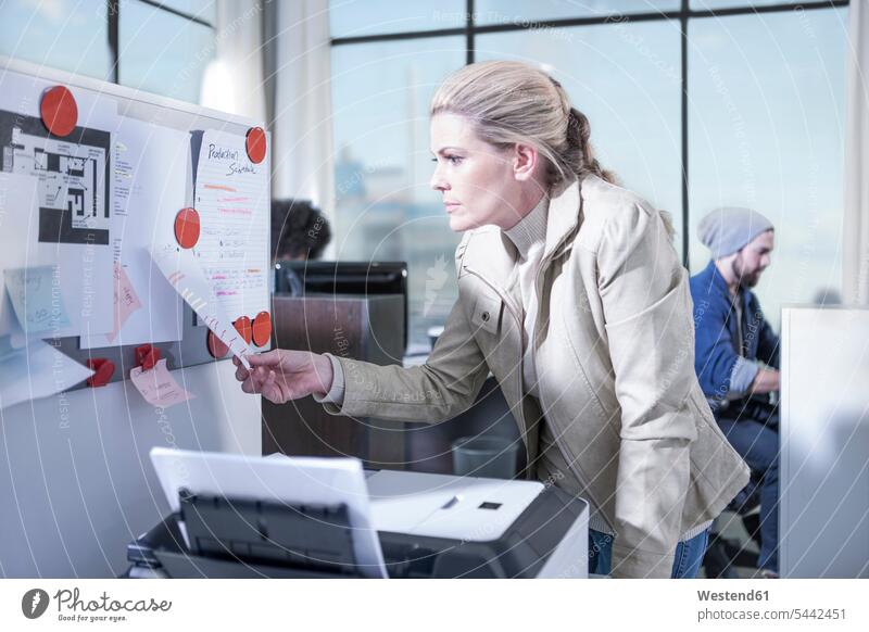Frau schaut am schwarzen Brett im Amt weiblich Frauen arbeiten Arbeit Büro Office Büros Erwachsener erwachsen Mensch Menschen Leute People Personen Arbeitsplatz