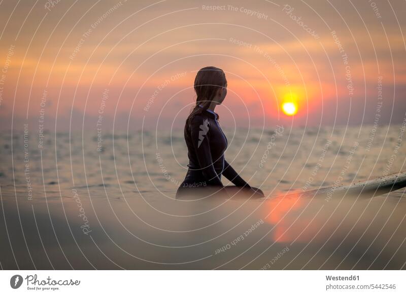 Indonesien, Bali, Surferin im Ozean bei Sonnenuntergang Frau weiblich Frauen Surfen Surfing Wellenreiten Meer Meere Erwachsener erwachsen Mensch Menschen Leute
