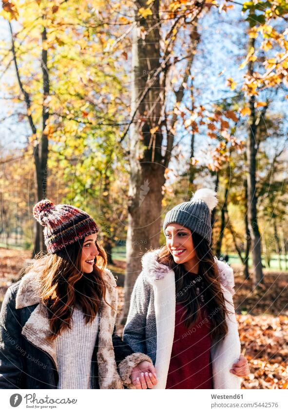 Zwei hübsche Frauen lächeln sich in einem herbstlichen Wald an Freundinnen weiblich schön Herbst Forst Wälder Freunde Freundschaft Kameradschaft Erwachsener