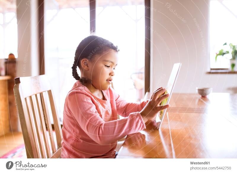 Kleines Mädchen am Sitztablett, am Tisch sitzend Tische weiblich Allein alleine einzeln Zuhause zu Hause daheim Tablet Tablet Computer Tablet-PC Tablet PC iPad