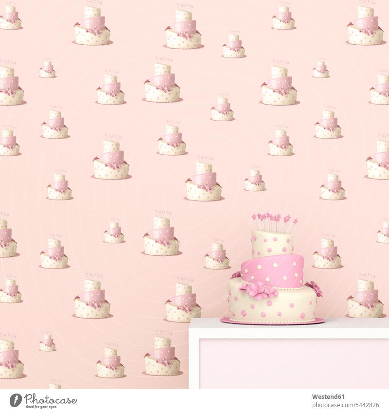 Rosa-weißer Geburtstagskuchen vor einer Tapete mit ausgefallenem Kuchenmuster, 3D-Rendering gemustert gemusterte gemusterter gemustertes gemusterten Abwesenheit