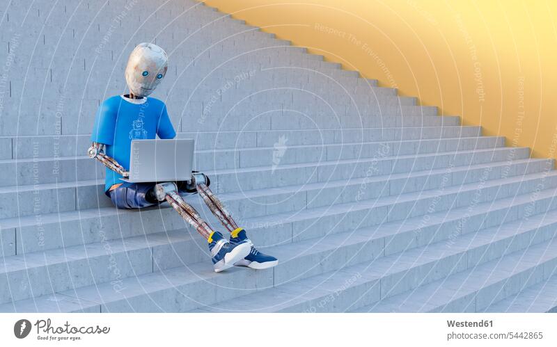 Auf einer Treppe sitzender Roboter mit Laptop, 3D-Rendering Treppenaufgang Beruf Berufstätigkeit Berufe Beschäftigung Jobs Laptop benutzen Laptop benützen