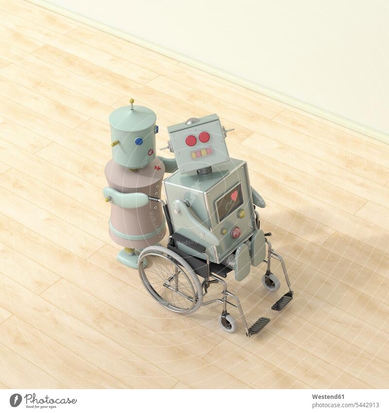 Weiblicher Roboter schiebt männlichen Roboter im Rollstuhl sitzend, 3D-Rendering Pflegebedürftigkeit pflegebeduerftig pflegebedürftig Pflegebeduerftigkeit