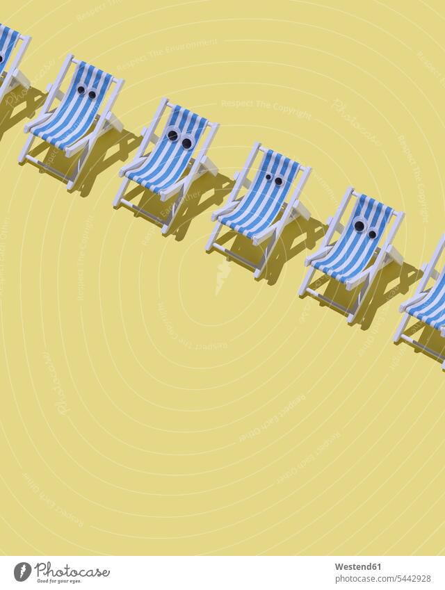 Reihe von Strandkörben mit Augen auf gelbem Grund, 3D-Rendering Streifen gestreift geringelt Entspannung entspannt Entspannen relaxen entspannen Übereinstimmung