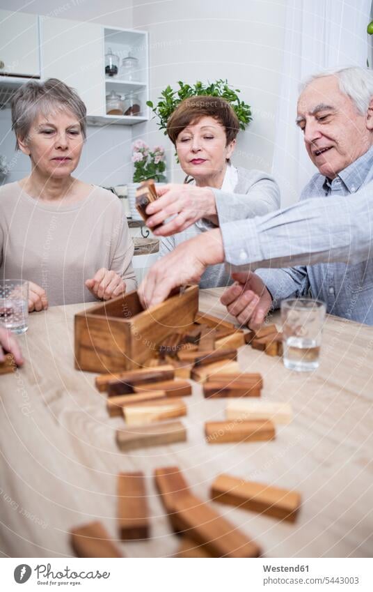 Gruppe von Senioren bei einem Spielabend zu Hause alte ältere Geschicklichkeitsspiel Geschicklichkeitsspiele glücklich Glück glücklich sein glücklichsein bauen