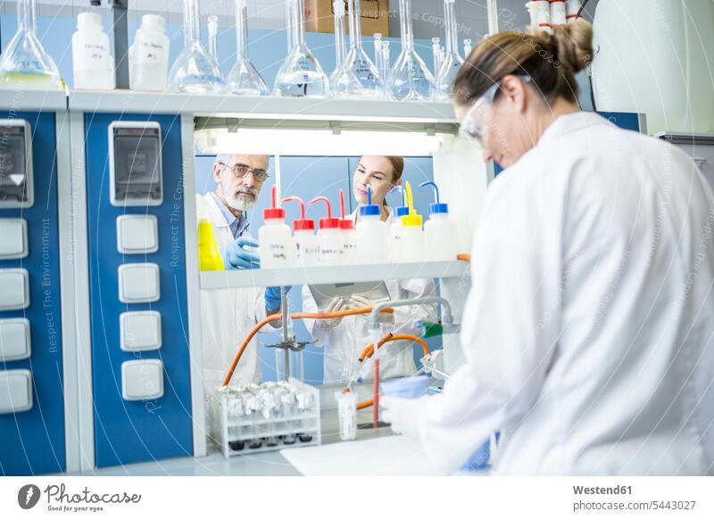 Wissenschaftler arbeiten im Labor zusammen Arbeit Wissenschaftlerin Wissenschaftlerinnen Gemeinsam Zusammen Miteinander Labore wissenschaftlich Wissenschaften