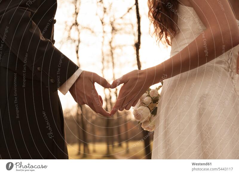 Neuvermähltes Brautpaar berührt Hände und macht herzförmige Fingerrahmen Herz Liebesherzen herzfoermig Herzen Park Parkanlagen Parks umrahmen Brautleute