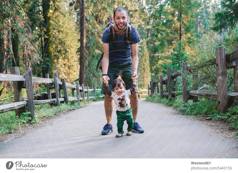 USA, Kalifornien, Vater und Baby besuchen den Sequoia-Nationalpark gehen gehend geht erste Schritte Tochter Töchter Papas Väter Vati Vatis Papis Gemeinsam
