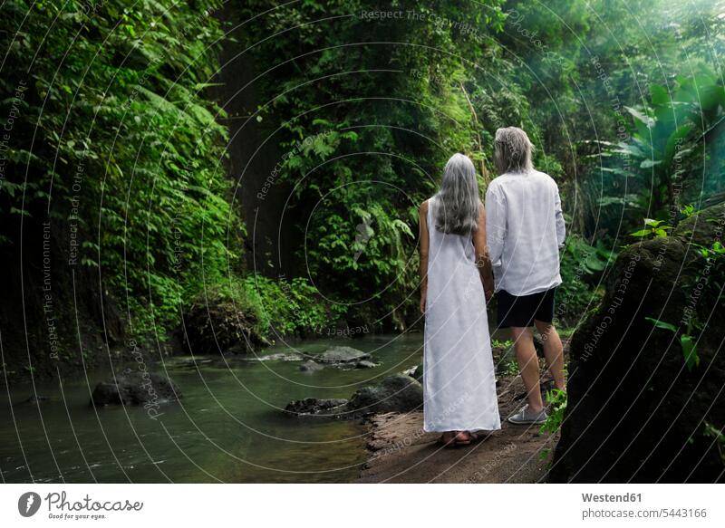 Hübsches älteres Paar in tropischem Wasserfall Natur Seniorenpaar Seniorenpaare ältere Paare Seniorenpärchen fasziniert Faszination attraktiv schoen