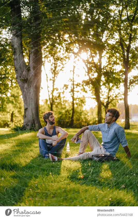 Zwei Freunde sitzen in einem Park mit mobilem Gerät und Papieren Handy Mann Unterlagen Freundschaft Telefon Kommunikation Erwachsener Mensch ausruhen